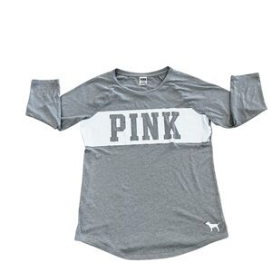 PINK Victoria's Secret Girls' Gray and White Long Sleeve Raglan Shirt, Large.